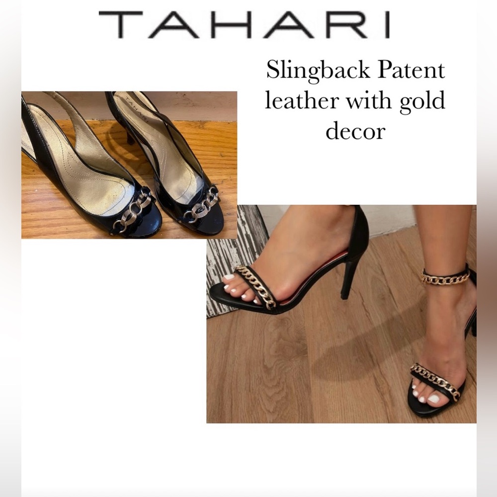 tahari black patent leather sling back heels with gold designer chain
